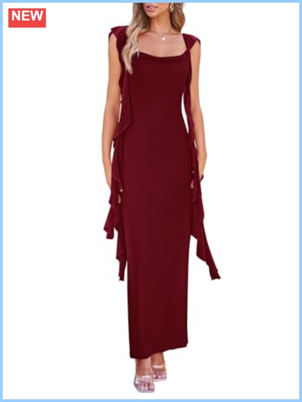 PRETTYGARDEN Women's Ruffle Bodycon Maxi Dress Sweetheart Neck Cap Sleeve